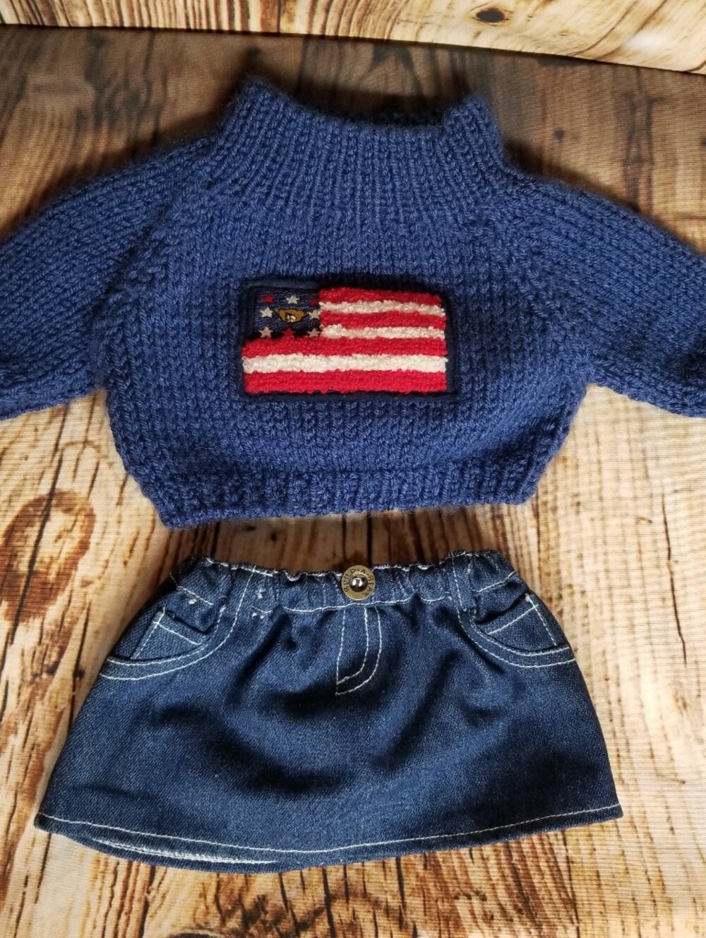 Build A Bear Workshop Blue Knit Sweater Chenille USA Flag & Denim Skirt Set BAB